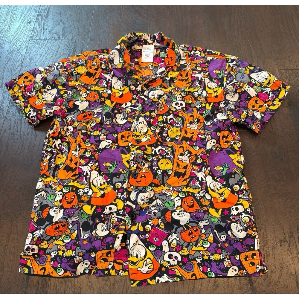 Disney Halloween Button Up Shirt XS Mickey Mouse Donald Duck Ghost Pumpkin